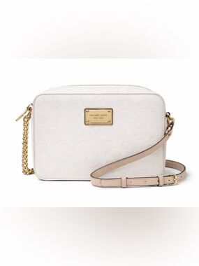 Michael Kors White MK Logo Crossbody Jet Set Camera Bag Gold Chain